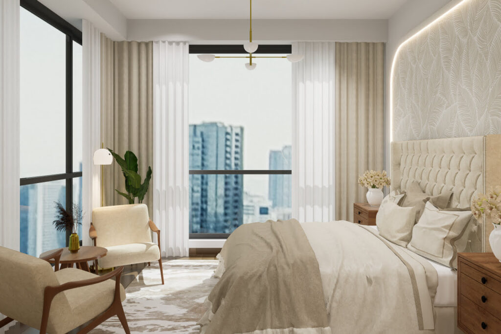 Bedroom interior design company in Dubai, specializing in modern layouts, elegant furnishings, and functional spaces for a luxurious retreat.