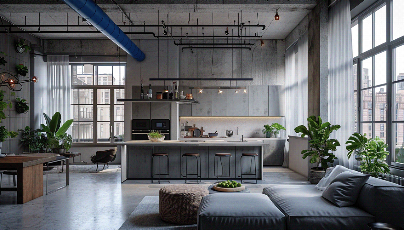 Brutalist interior design in a modern home, featuring exposed concrete walls, raw wood accents, industrial lighting, and minimalist decor.