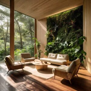 Biophilic Interior Design featuring natural materials, indoor plants, and natural light