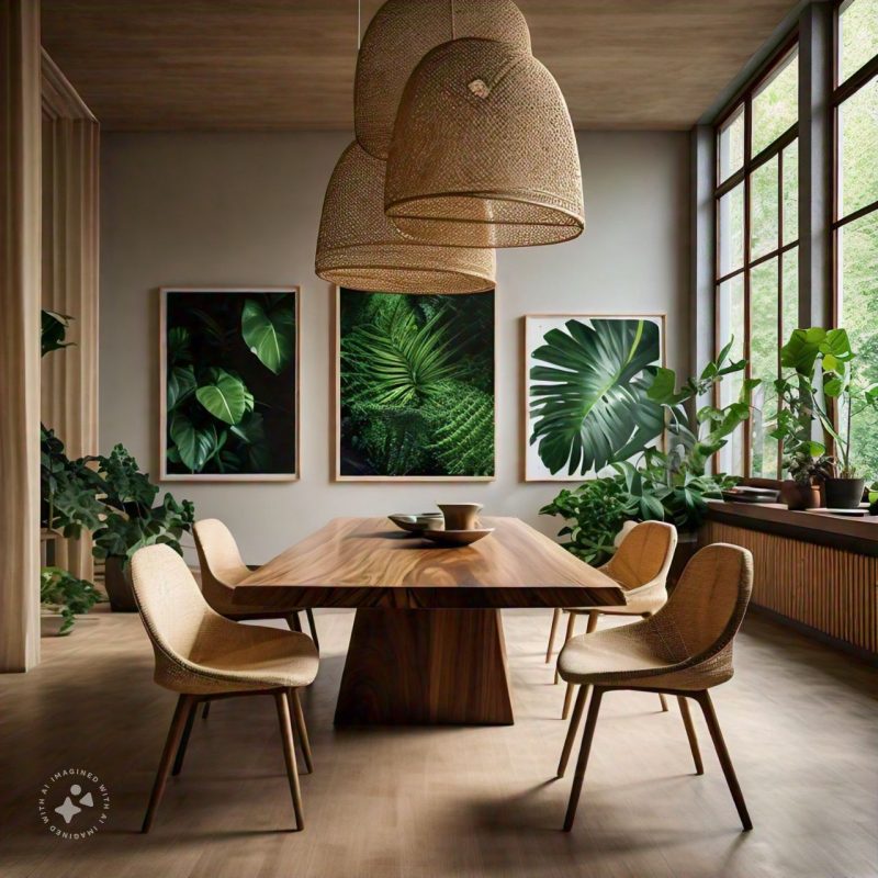 Biophilic Interior Design featuring natural materials, indoor plants, and natural light.