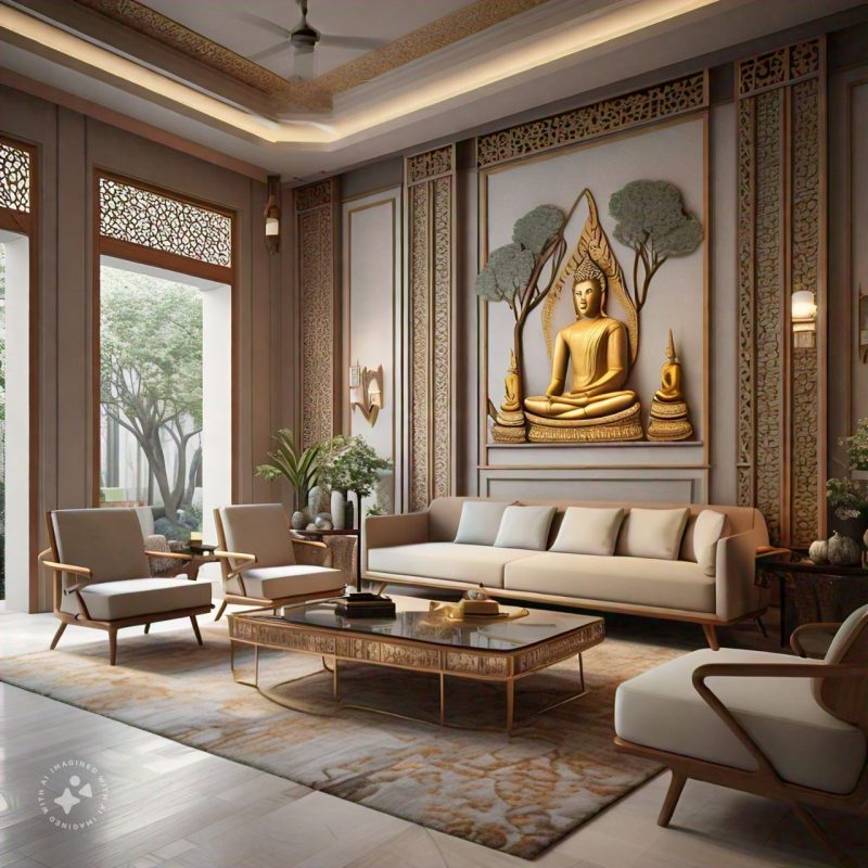 A modern living room with Ayutthaya style interior design elements, featuring natural wood furniture, earth-toned decor, and traditional Thai motifs