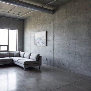 Minimalist brutalist interior design featuring raw concrete walls