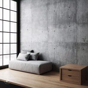 Minimalist brutalist interior design featuring raw concrete walls, exposed structural elements, and simple, functional furniture with clean lines, creating an industrial yet modern aesthetic.