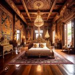 A modern living room with Ayutthaya style interior design elements, featuring natural wood furniture, earth-toned decor, and traditional Thai motifs