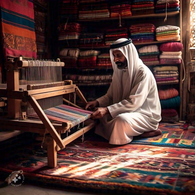 Traditional Al Sadu weavings technique demonstrated by a Bedouin woman on a ground loom.