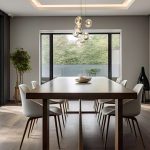 Contemporary Dining Room with Creamy White Walls, Dark Gray Furniture, and Warm Wood Tones, Highlighted by Elegant Pendant Lighting and a Sleek Glass Dining Table