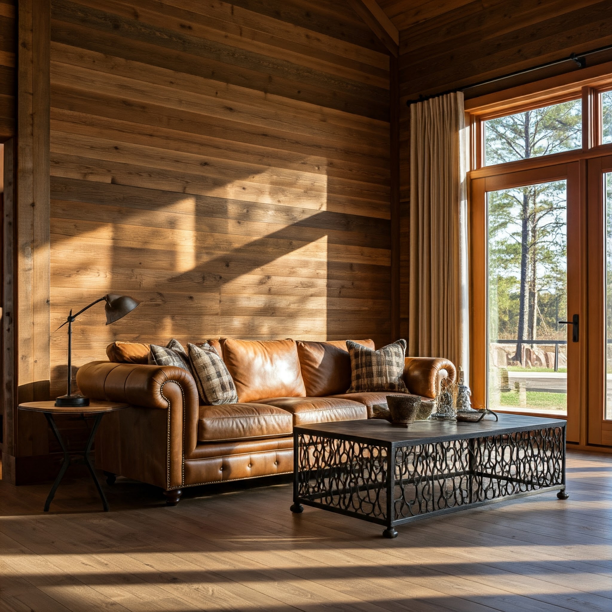 A modern ranch-style living room with a rustic wooden wall, featuring a large leather sofa, a wrought iron coffee table, and reclaimed wood accents. The room is bathed in natural light and has a warm and inviting atmosphere.