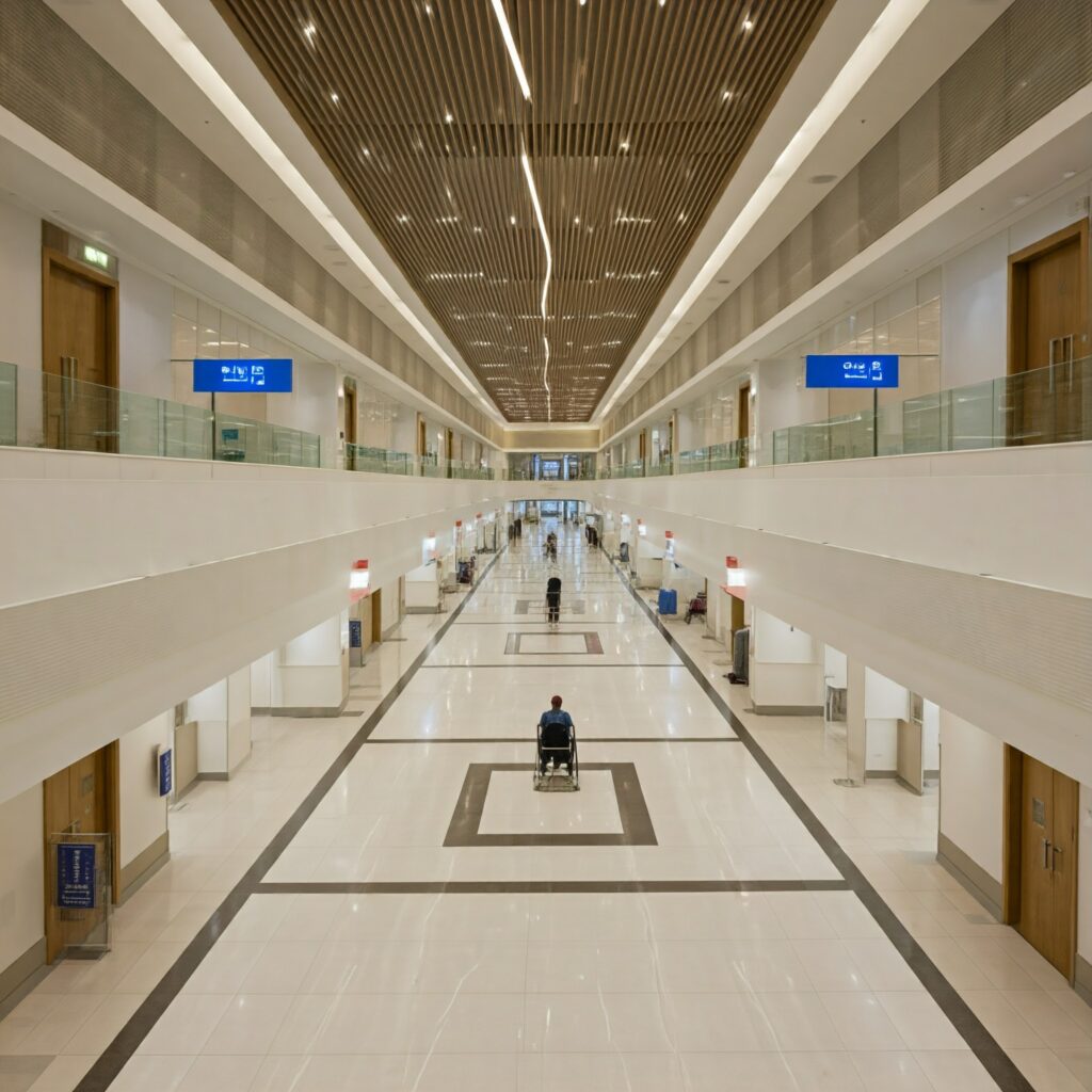 A modern hospital interior with clear signage, wide hallways, and wheelchair accessibility.