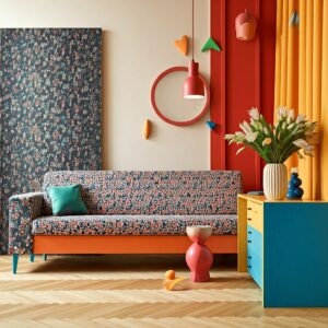 A vibrant Memphis design interior featuring geometric shapes, bold colors, pattern overload, and non-traditional materials.