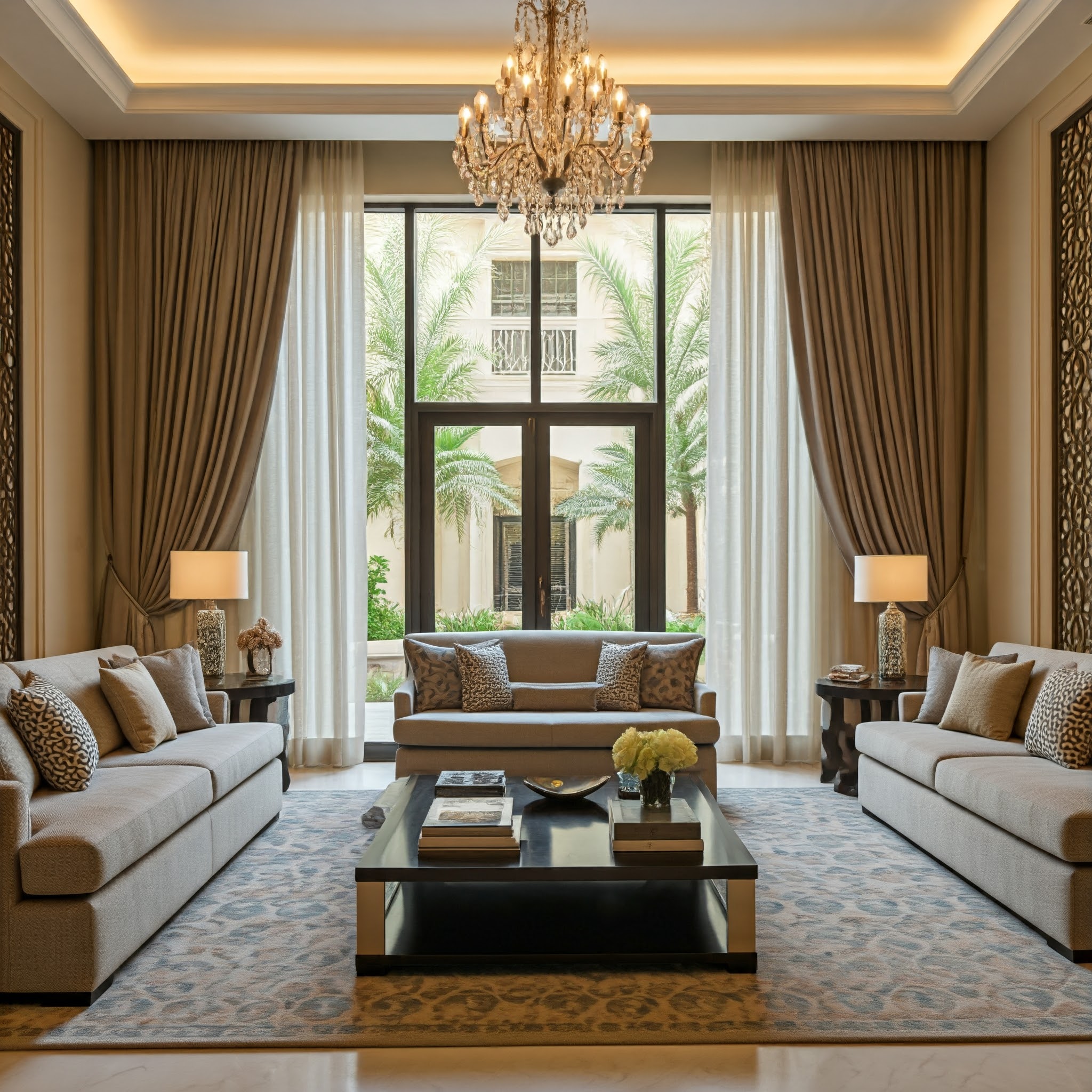 A spacious living room in Dubai with wide-open floor courtyard spaces and large windows with sheer curtains filtering sunlight. The room features a dramatic pendant light, custom chandeliers, and layered lighting techniques throughout.