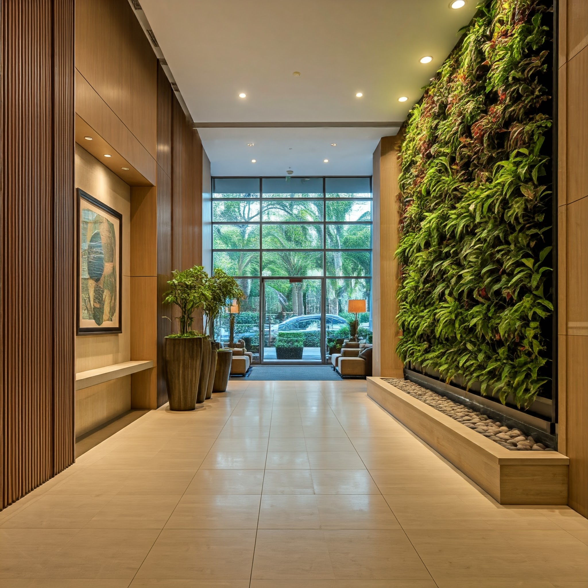 A modern lobby interior design featuring a vertical garden, a water feature, and potted plants. The lobby is decorated with a neutral color palette and features sleek furniture and modern artwork.