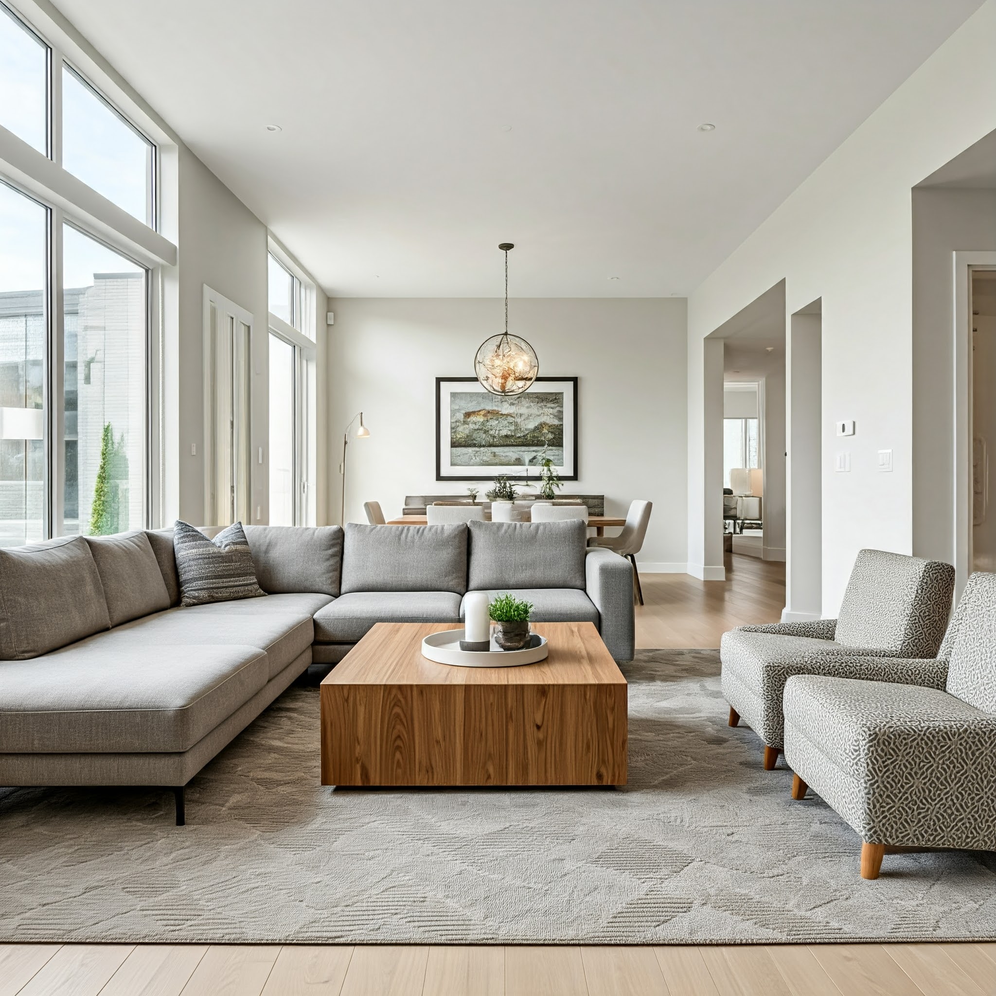 A modern living room with a comfortable sectional sofa, a coffee table, and two armchairs arranged in a conversational seating group. A large area rug defines the seating area, while a clear pathway leads to the dining room.