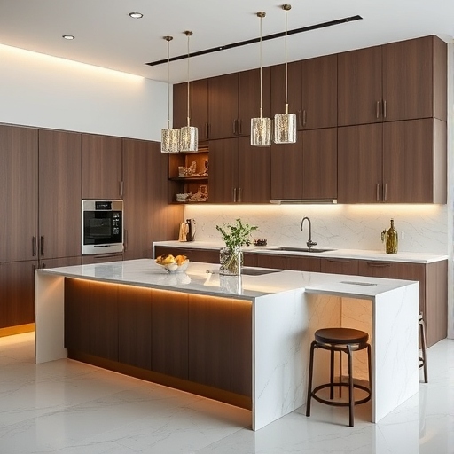 Island kitchens are considered one of the luxurious upgrades to a very big villa in Dubai. It elevates the look while keeping things very practical when paired with an island, and adds functionality because additional prep space and storage come with it and modular kitchen cabinet design for villas in Dubai.