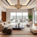 living room with chandelier and large sliding glass doors