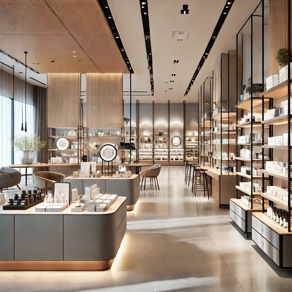 A modern retail store interior featuring sleek, minimalistic shelving, neatly organized products, bright lighting, and clean lines for a spacious look.