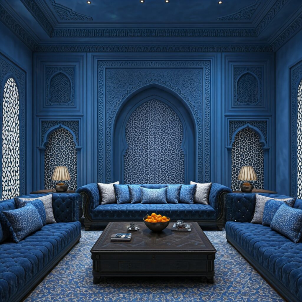 Luxurious Arabian-style living room with blue sapphire tones, intricate patterns, and plush furnishings.