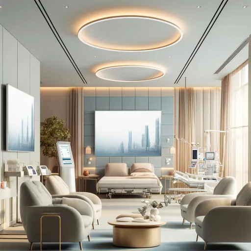 Healthcare interior design in Dubai featuring a serene, patient-friendly atmosphere with modern furnishings and calming colors.