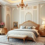 Elegant bedroom interior design with luxurious furnishings, soft lighting, and a calming color palette in Dubai.