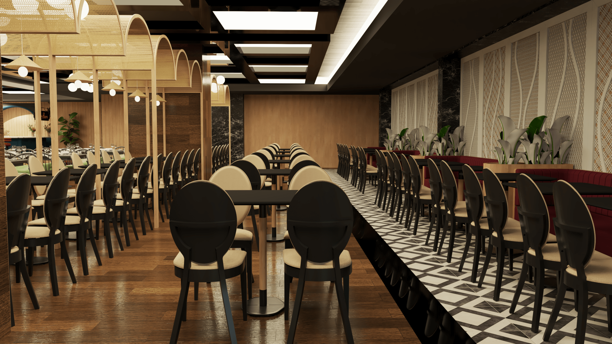 Commercial interior design for The Maze Restaurant, featuring modern aesthetics, functional layouts, and a welcoming atmosphere.