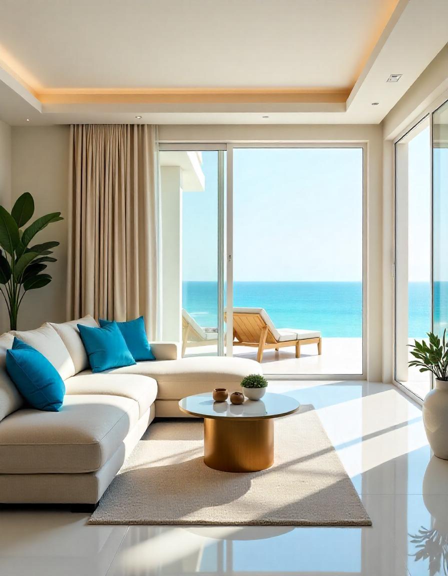 A luxurious Dubai villa living room with ocean blue decorative pillows on sandy beige sofas, white marble flooring, and a view of the beach through large glass doors.