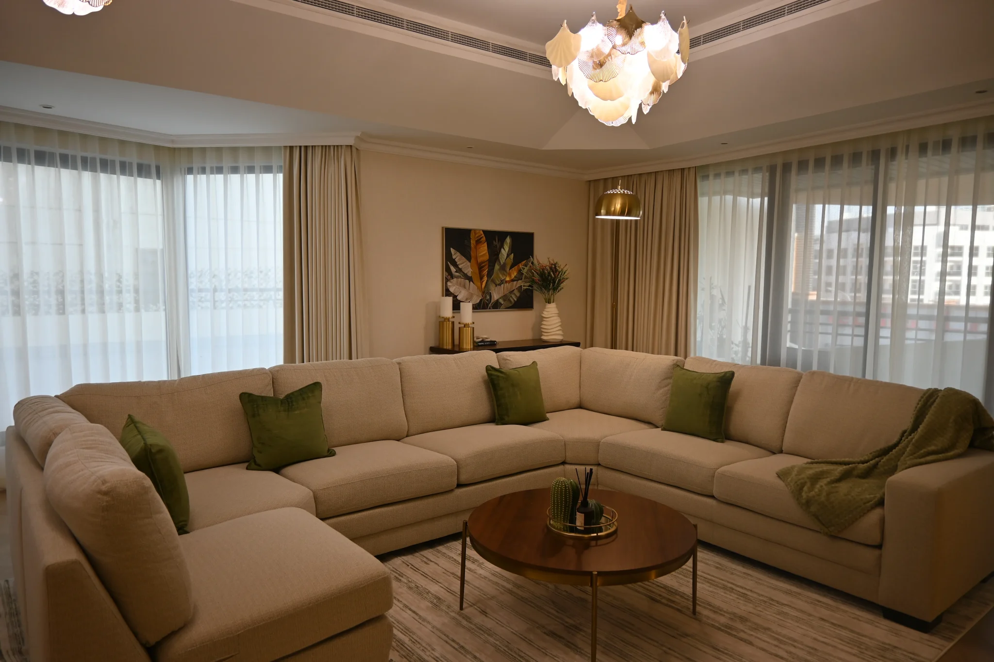 Luxury living room design with sophisticated style and elegant decor in Abu Dhabi villa.