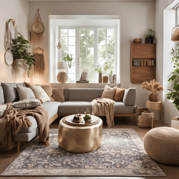 A living room with a navy-blue accent wall and earthy brown furniture.