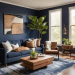 A living room with a navy-blue accent wall and earthy brown furniture.