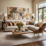 A living room with a navy-blue accent wall and earthy brown furniture. (2)