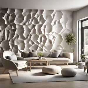 A modern living space with 3D geometric molded walls in a neutral tone.