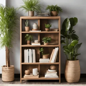 A tall wooden bookshelf styled with books, plants, and decor