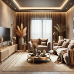 Modern living room design in Dubai with Mocha Mousse color palette, featuring a comfortable sofa, beige curtains, and stylish decor.