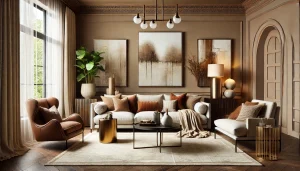 living room styled with a Mocha Mousse color scheme