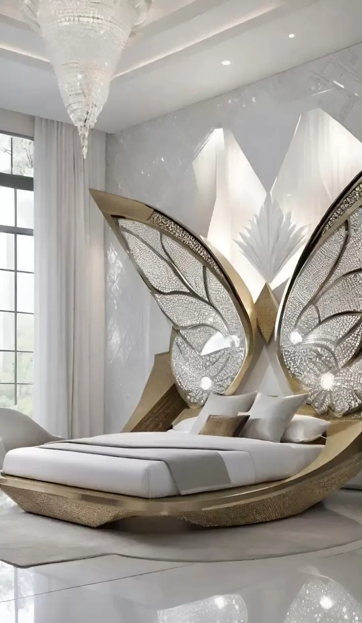 Butterfly bed, luxurious bedroom, artistic design.