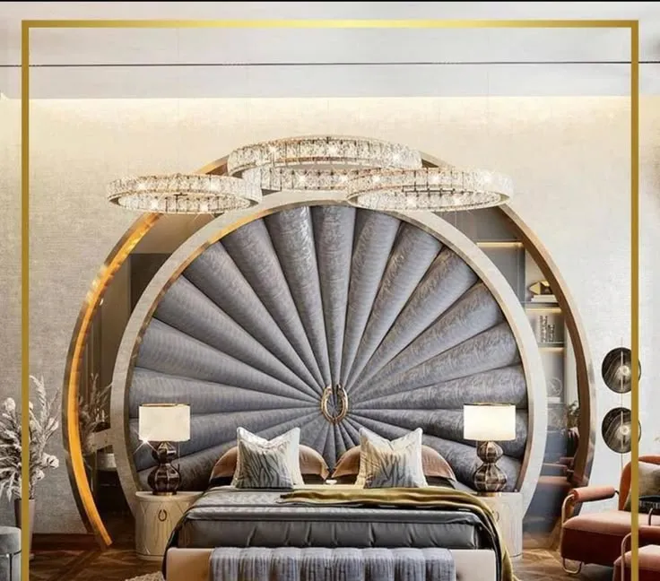 Luxurious bedroom, semicircular headboard, modern design.