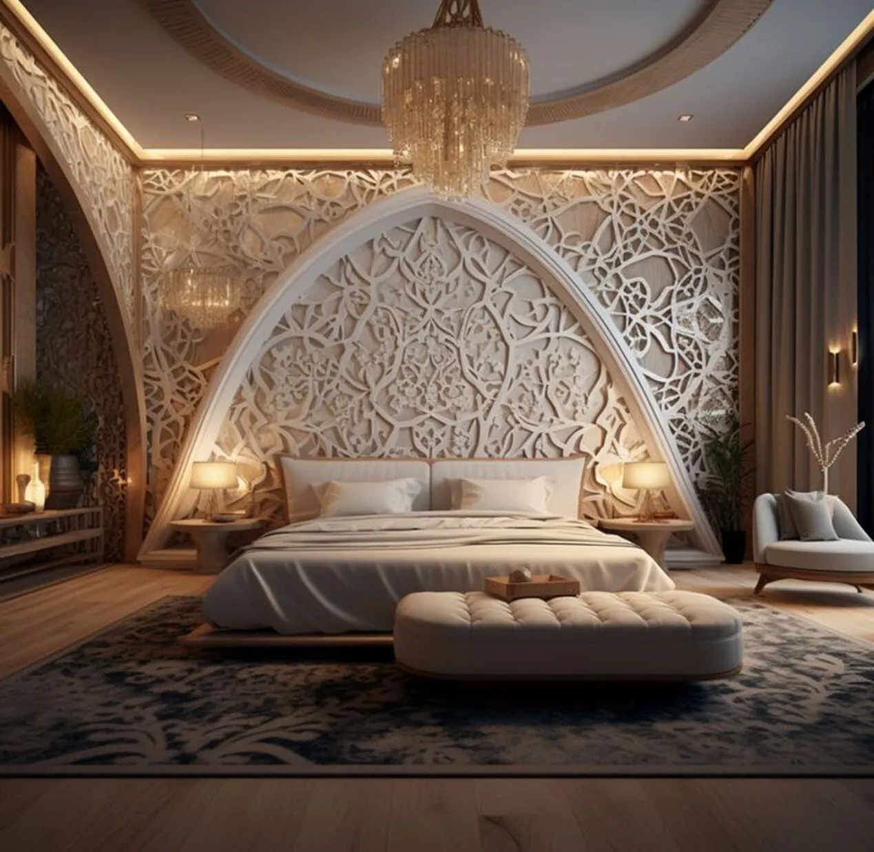 Luxurious bedroom, carved headboard, ornate details.