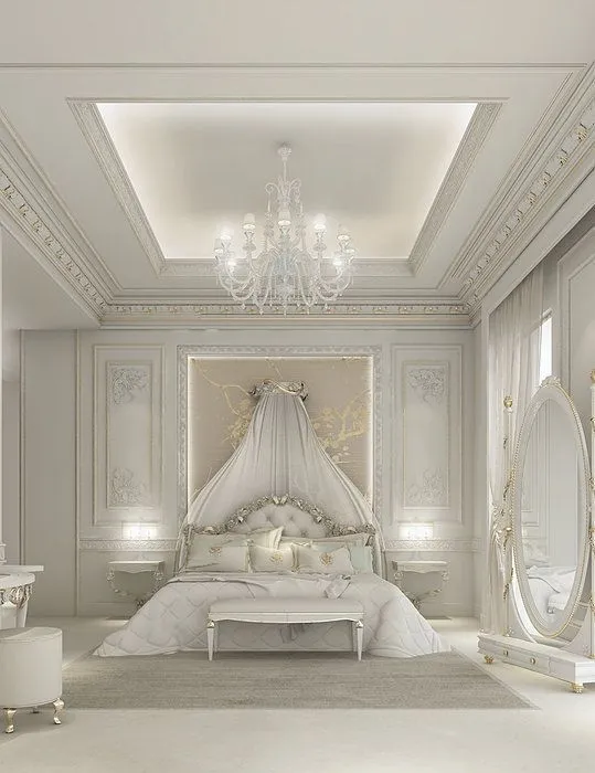  Luxurious white bedroom, classic design, canopy bed