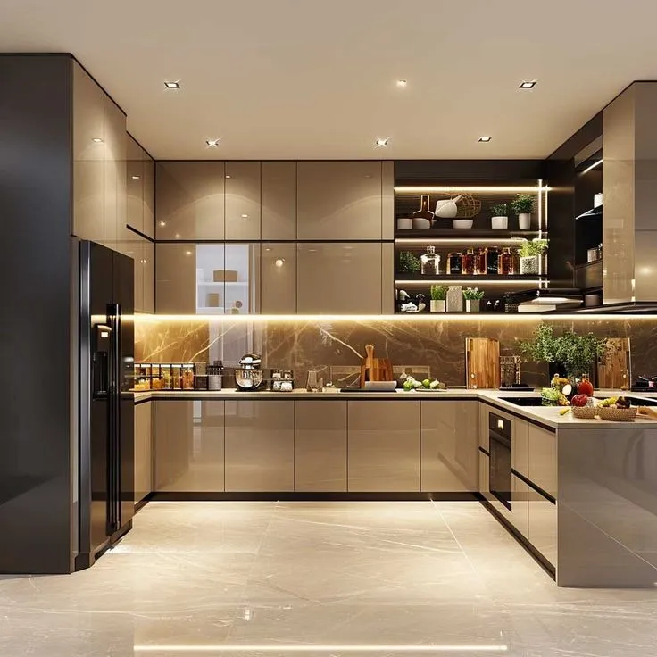 Luxurious open kitchen with glossy cabinets and LED lighting