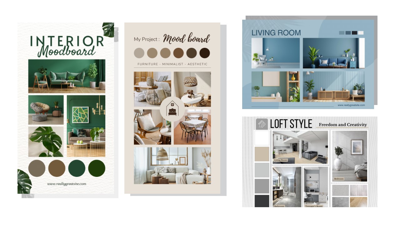 Interior design mood boards showcasing color palettes, furniture, and styles.