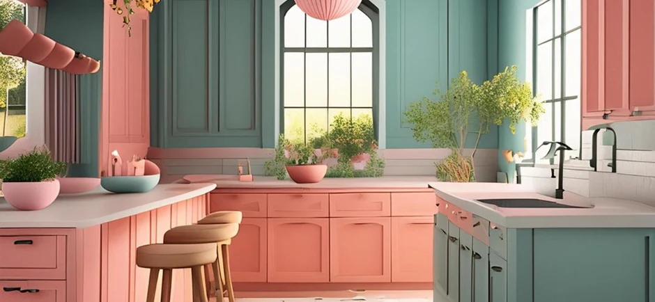 Vibrant pastel kitchen with pink and teal cabinets and decor