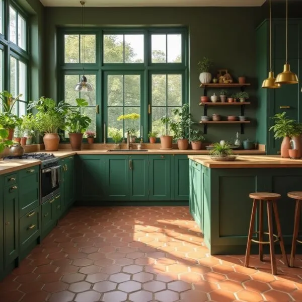 L-shaped nature-inspired kitchen with deep green cabinetry, terracotta hexagonal flooring, large windows for natural light, and wooden countertops adorned with potted plants.