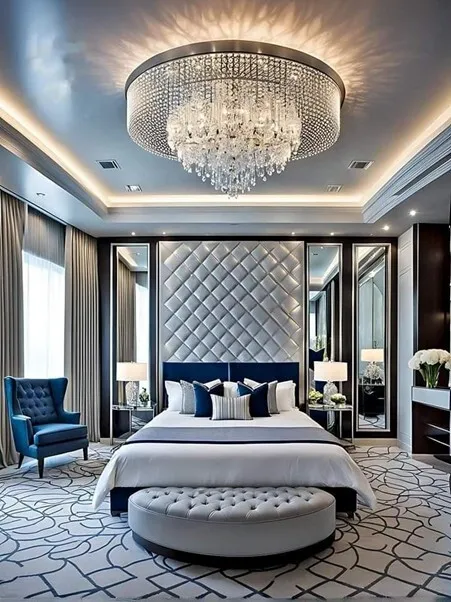 Glamorous bedroom, crystal chandelier, tufted bed.