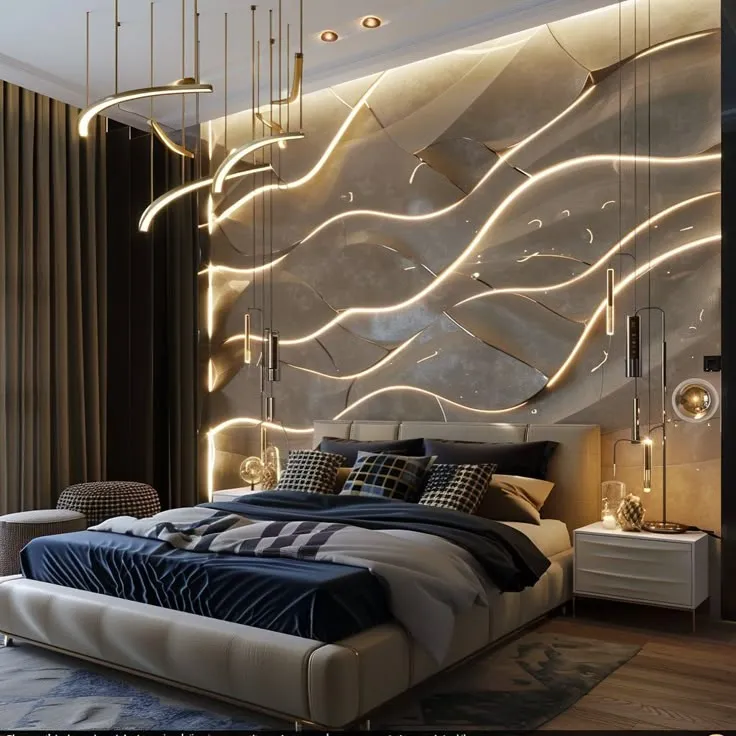 Modern bedroom, textured wall, integrated lighting.