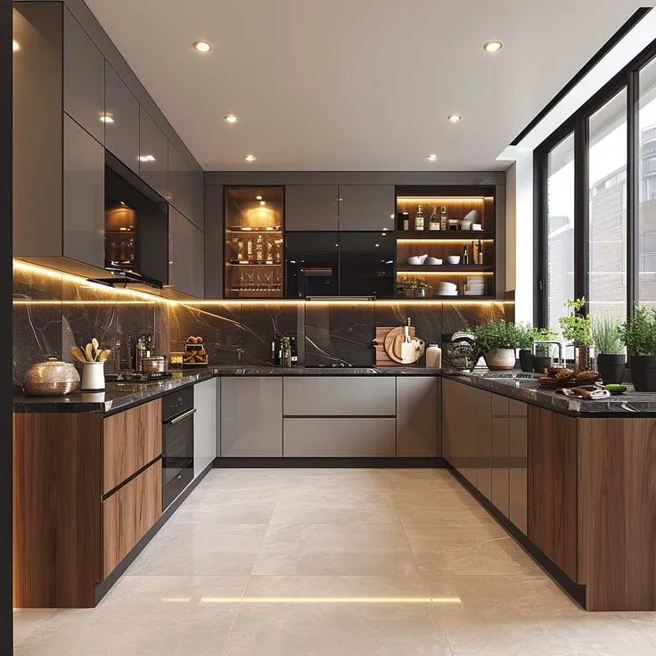 Luxury L-shaped kitchen with grey and wood-finish cabinetry, black marble countertops, ambient LED lighting, and open shelving for an elegant modern look."