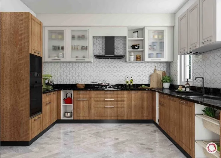  modern U-shaped kitchen with wooden lower cabinets