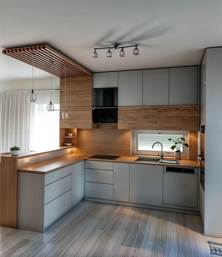  L-shaped kitchen with a combination of matte grey and wooden cabinetry