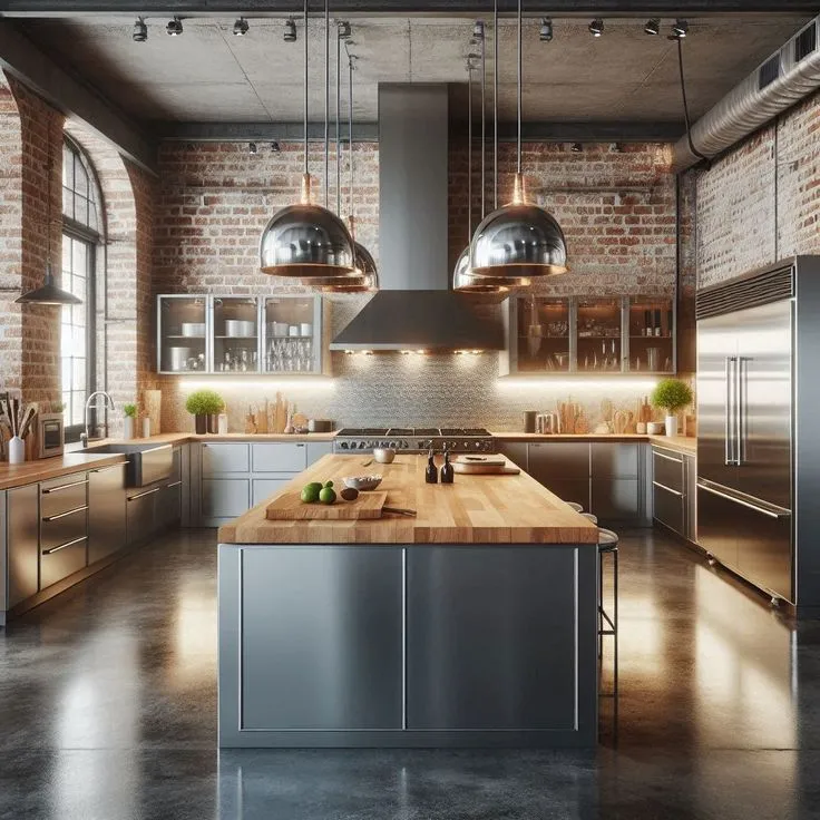 Industrial-style kitchen with brick walls, stainless steel, and wood elements.