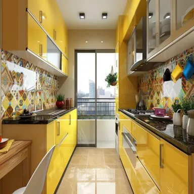 Vibrant parallel kitchen with yellow cabinets and mosaic tiles