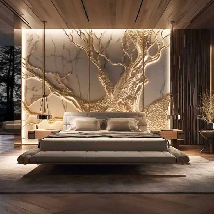 Modern bedroom, illuminated tree mural, natural materials.