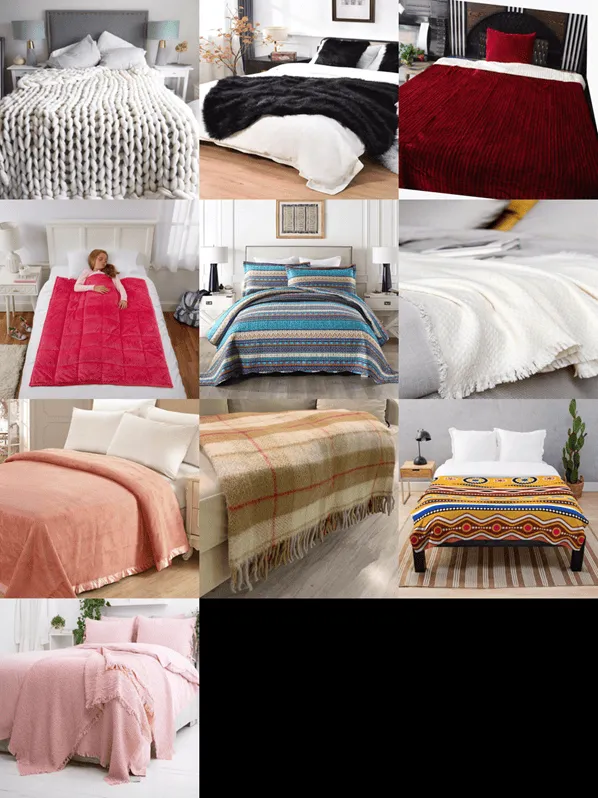 Bedroom collage: diverse bedding and room styles.