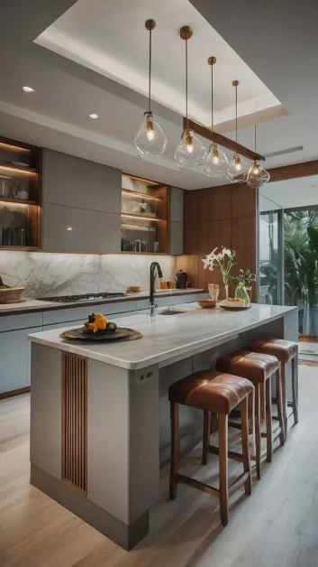 Modern open kitchen with island and pendant lighting